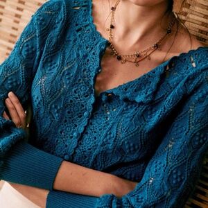 Sezane Anika Jumper Open Knit Cardigan Sweater in Peacock Blue, Small